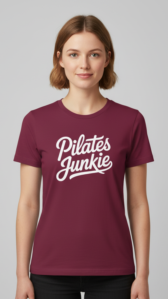 "Pilates Junkie" Flowing Script T-shirt