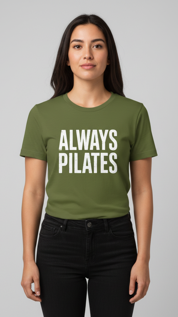 "Always Pilates" Distressed Block Lettering T-shirt