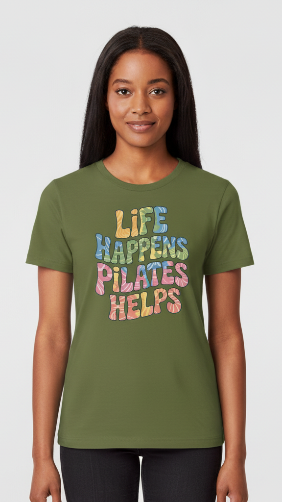 "Life Happens. Pilates Helps." Wavy Pastel T-shirt