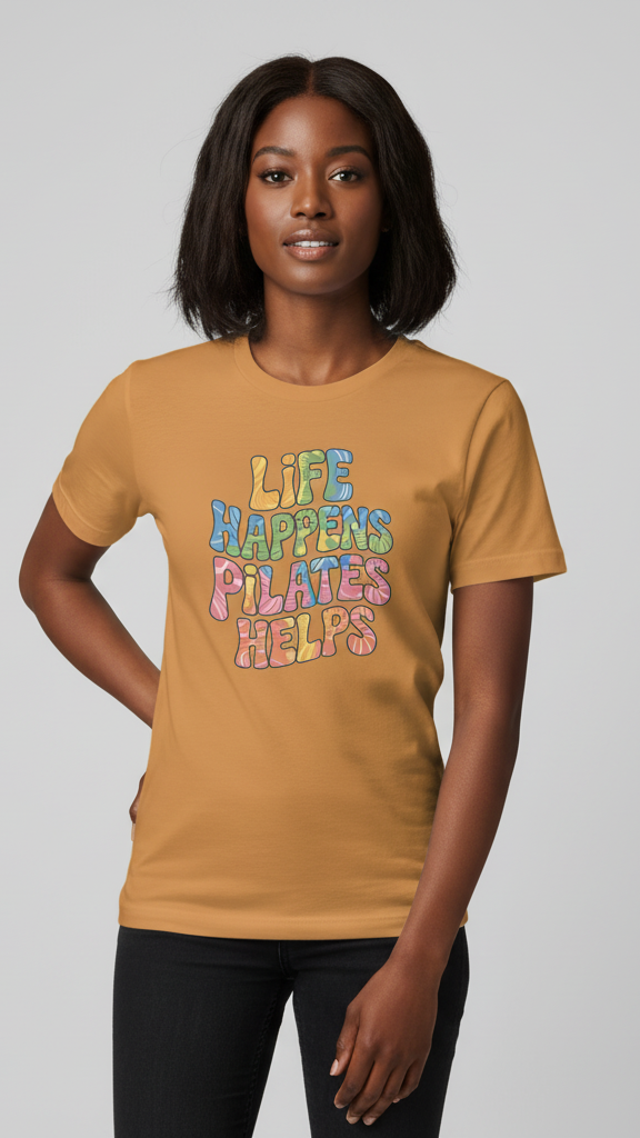 "Life Happens. Pilates Helps." Wavy Pastel T-shirt