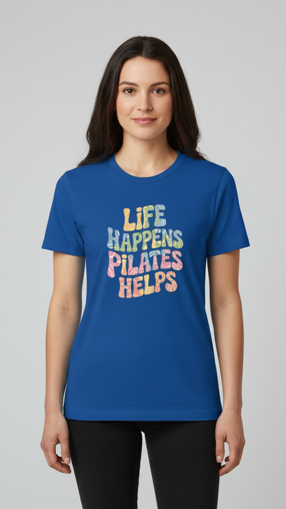 "Life Happens. Pilates Helps." Wavy Pastel T-shirt