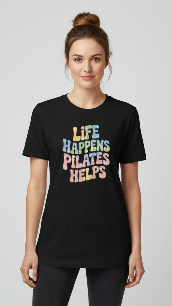 "Life Happens. Pilates Helps." Wavy Pastel T-shirt