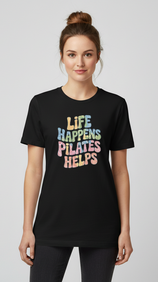 "Life Happens. Pilates Helps." Wavy Pastel T-shirt