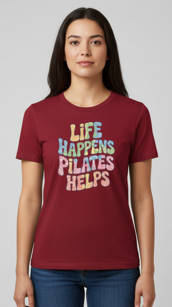 "Life Happens. Pilates Helps." Wavy Pastel T-shirt