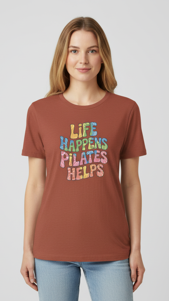 "Life Happens. Pilates Helps." Wavy Pastel T-shirt