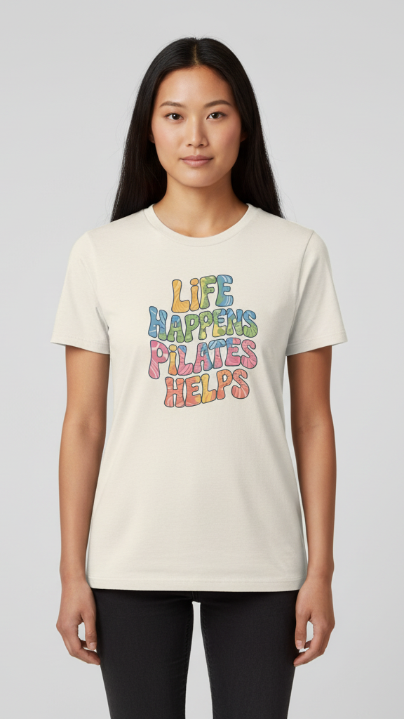 "Life Happens. Pilates Helps." Wavy Pastel T-shirt