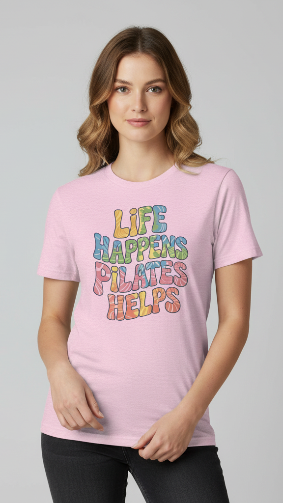 "Life Happens. Pilates Helps." Wavy Pastel T-shirt