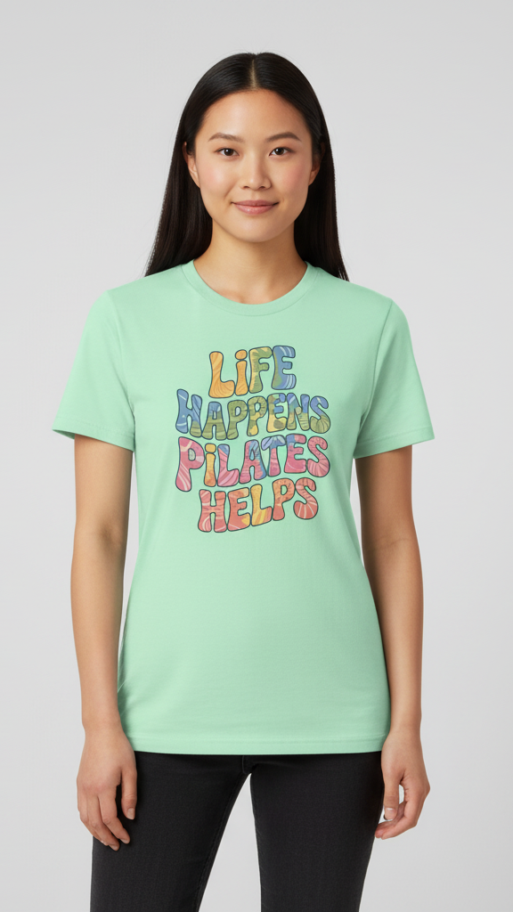 "Life Happens. Pilates Helps." Wavy Pastel T-shirt