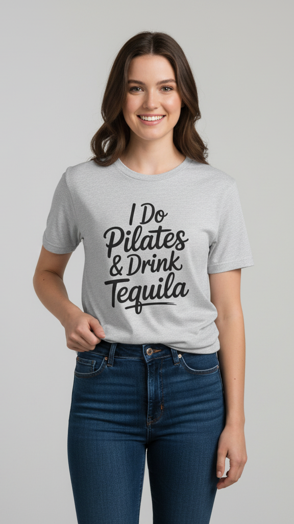 "I Do Pilates & Drink Tequila" Playful Script T-shirt