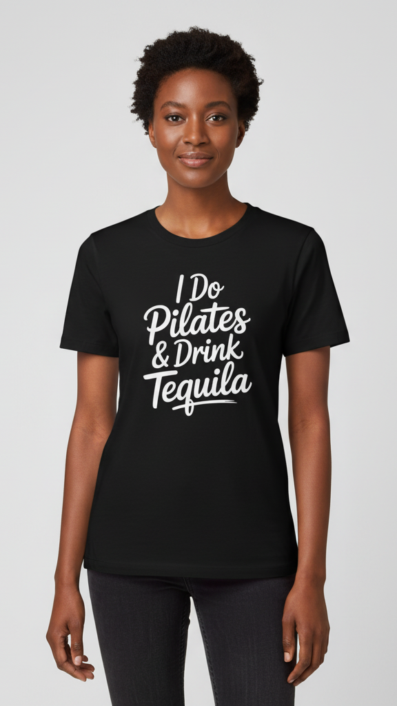 "I Do Pilates & Drink Tequila" Playful Script T-shirt