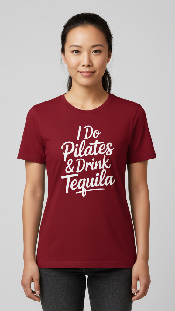 "I Do Pilates & Drink Tequila" Playful Script T-shirt