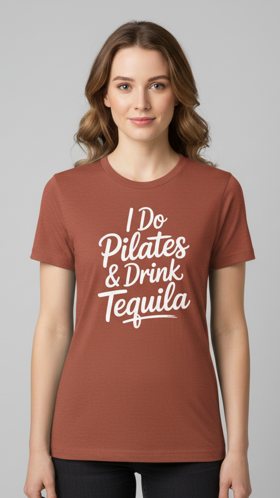"I Do Pilates & Drink Tequila" Playful Script T-shirt