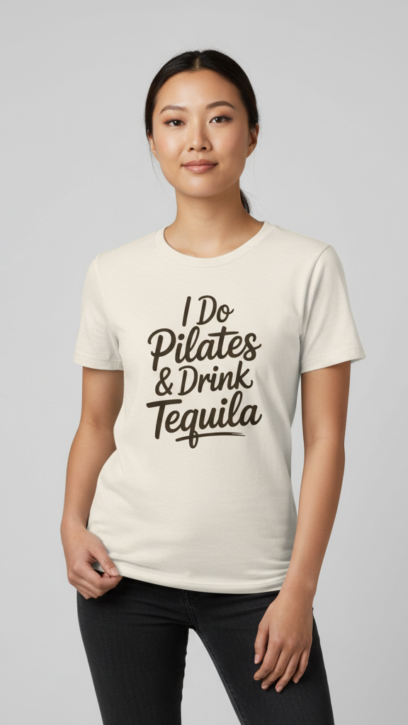 "I Do Pilates & Drink Tequila" Playful Script T-shirt