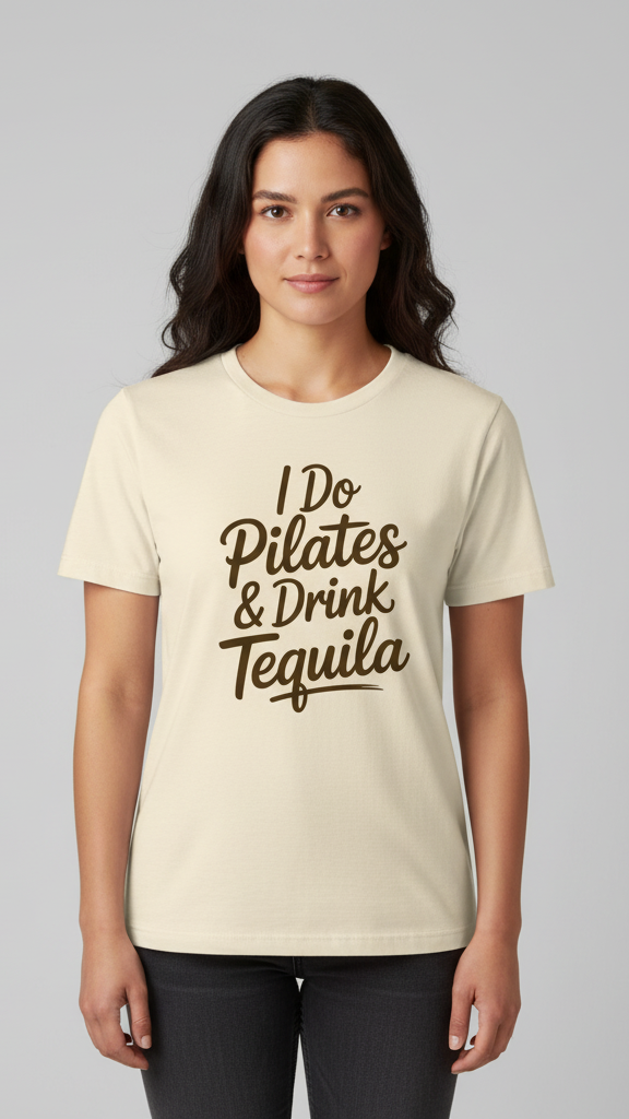 "I Do Pilates & Drink Tequila" Playful Script T-shirt