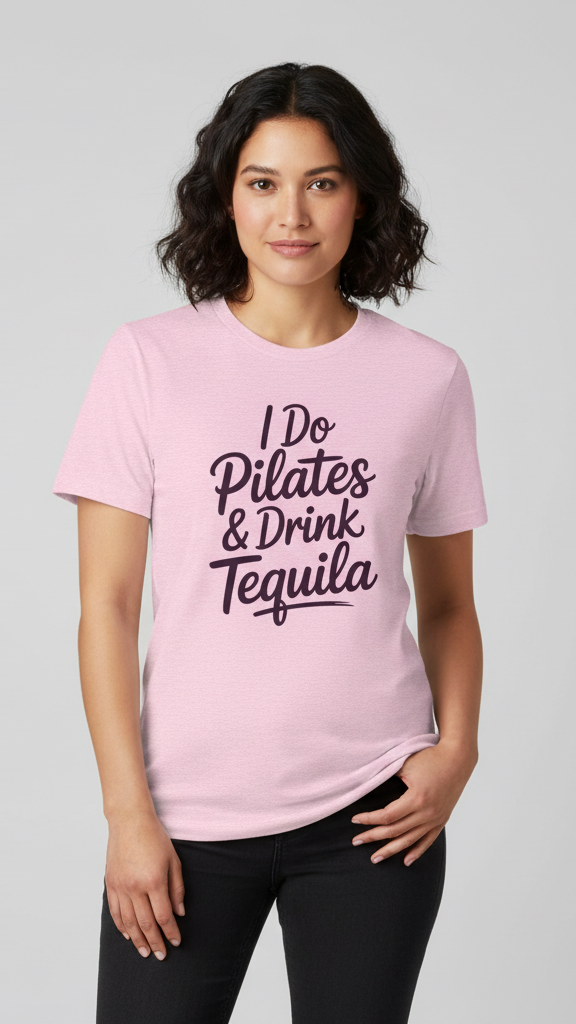 "I Do Pilates & Drink Tequila" Playful Script T-shirt