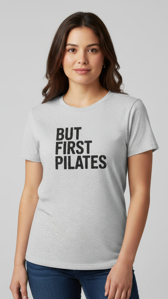 "But First Pilates" Distressed Block T-shirt