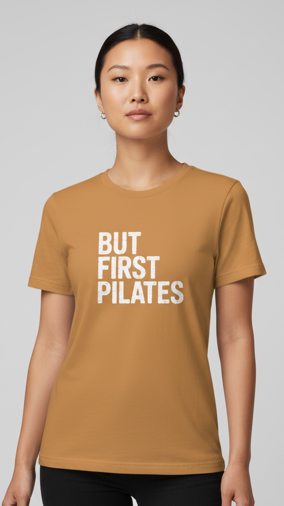 "But First Pilates" Distressed Block T-shirt