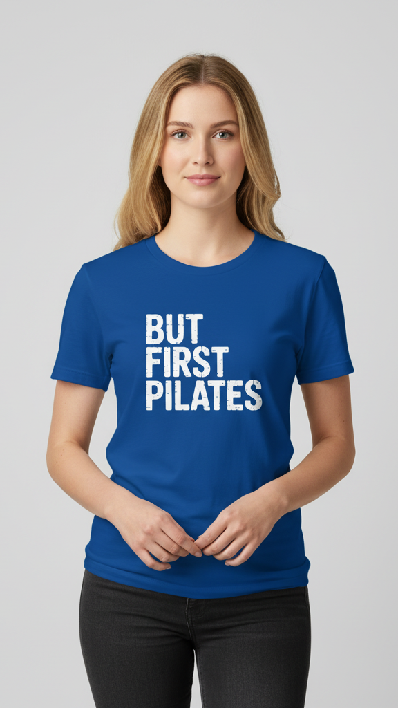 "But First Pilates" Distressed Block T-shirt