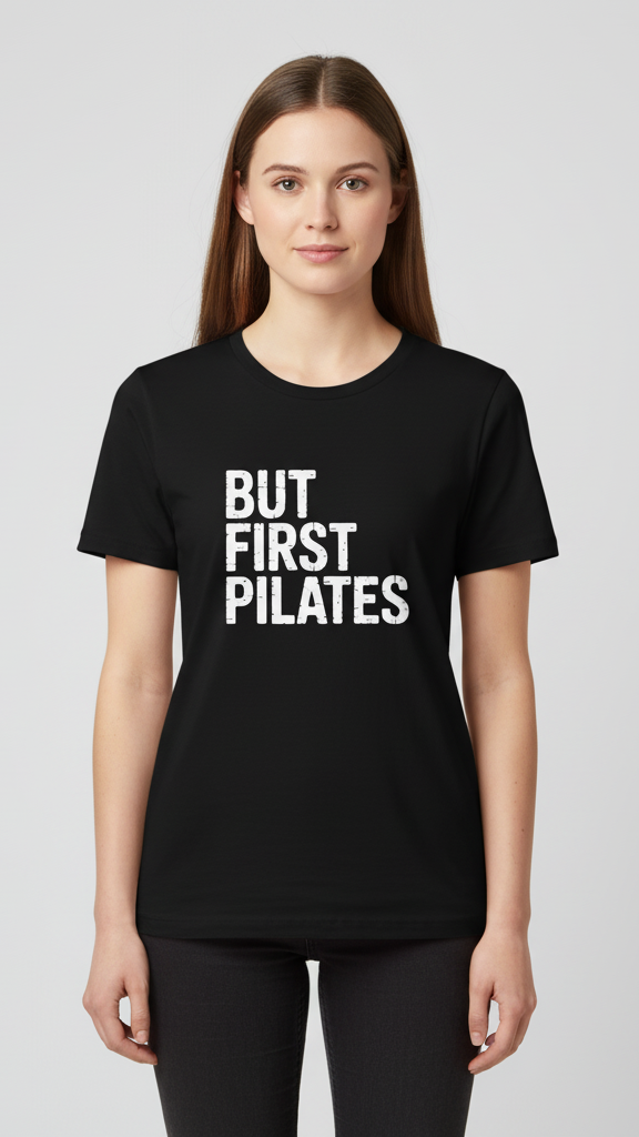 "But First Pilates" Distressed Block T-shirt