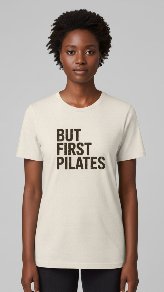 "But First Pilates" Distressed Block T-shirt