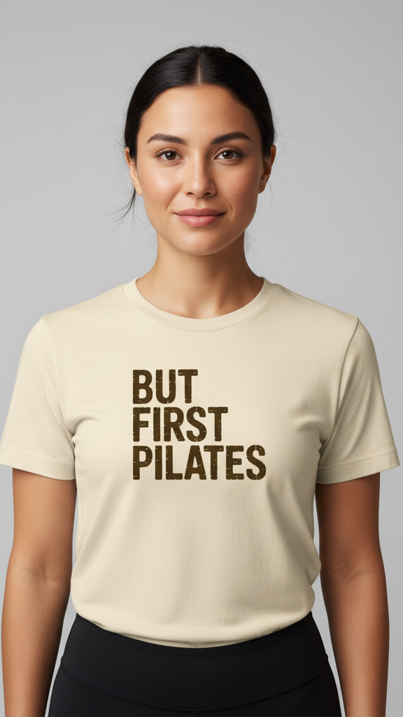 "But First Pilates" Distressed Block T-shirt