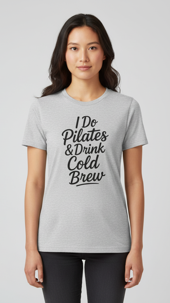 "I Do Pilates & Drink Cold Brew" Flowing Script T-shirt