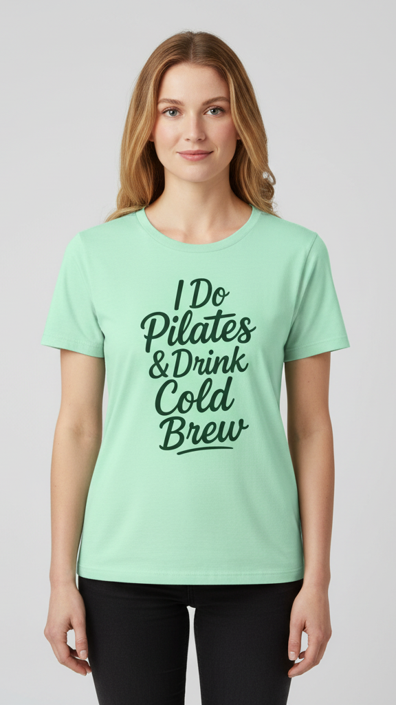 "I Do Pilates & Drink Cold Brew" Flowing Script T-shirt