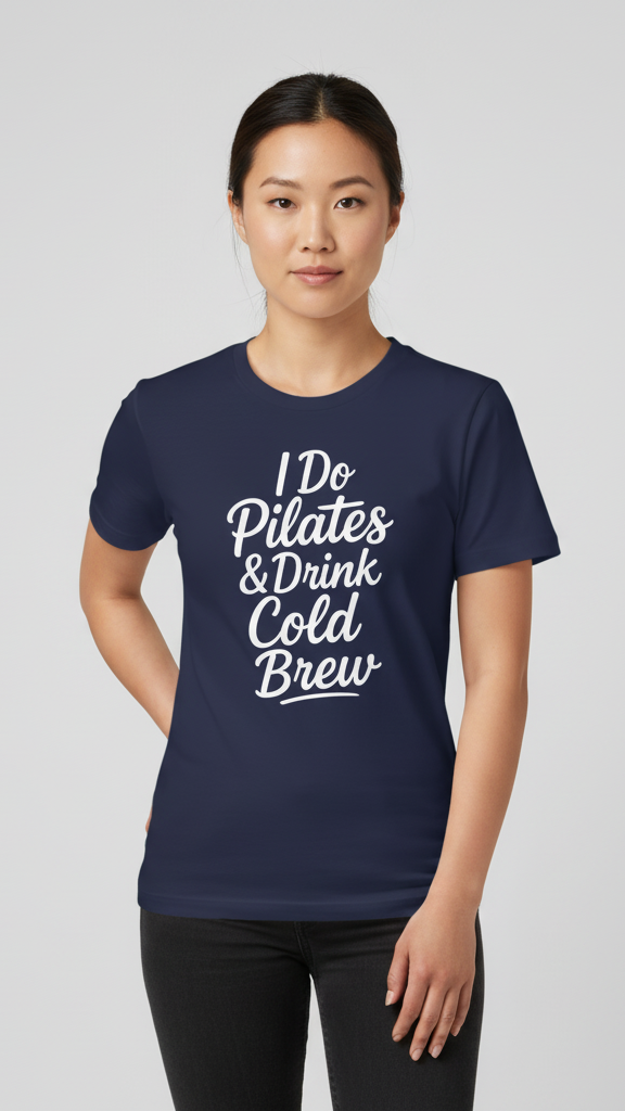 "I Do Pilates & Drink Cold Brew" Flowing Script T-shirt
