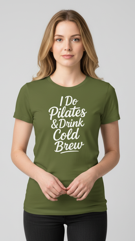 "I Do Pilates & Drink Cold Brew" Flowing Script T-shirt