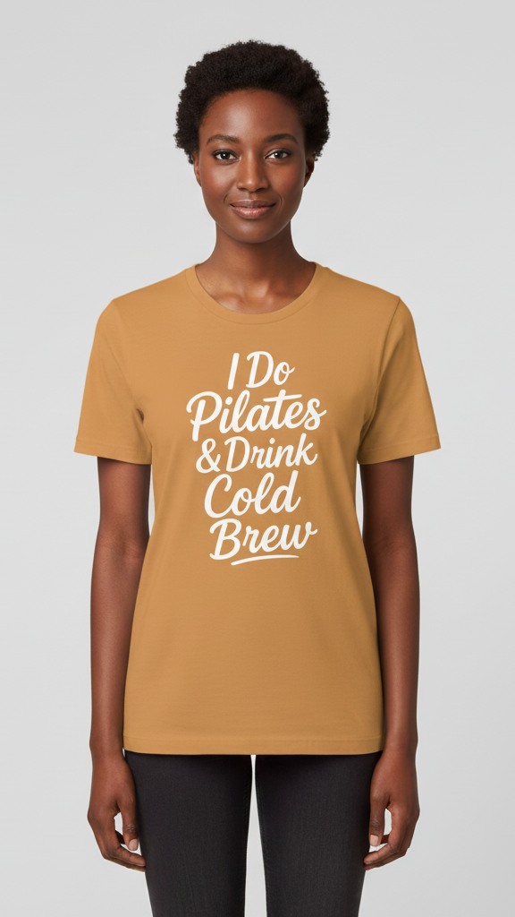 "I Do Pilates & Drink Cold Brew" Flowing Script T-shirt