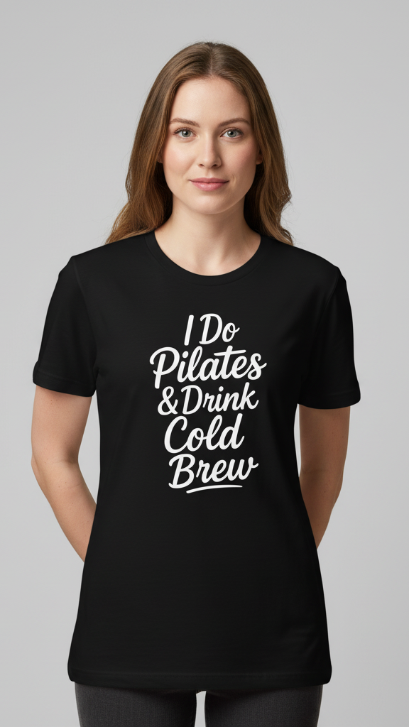"I Do Pilates & Drink Cold Brew" Flowing Script T-shirt