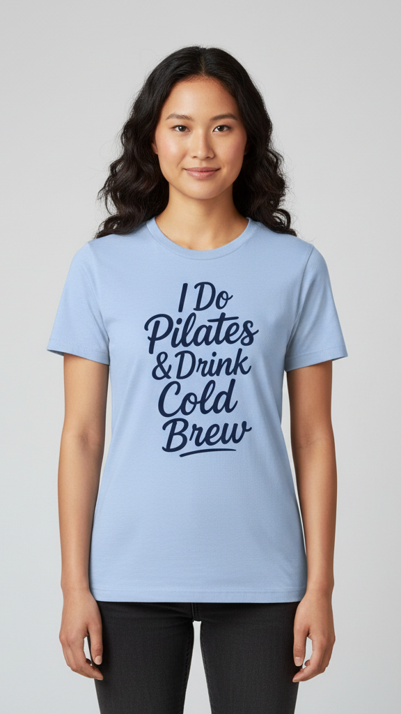 "I Do Pilates & Drink Cold Brew" Flowing Script T-shirt