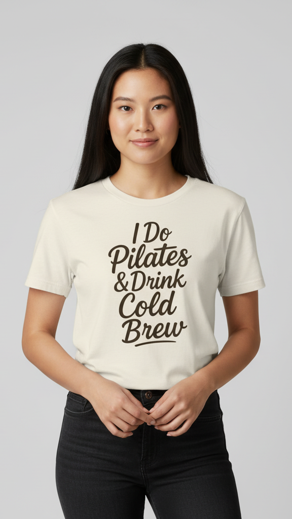 "I Do Pilates & Drink Cold Brew" Flowing Script T-shirt