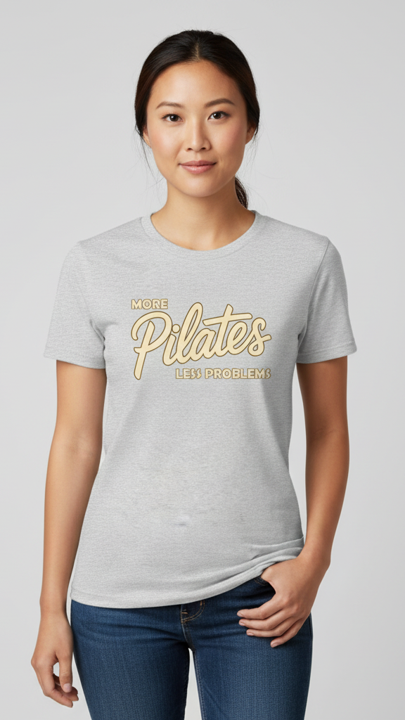 "More Pilates Less Problems" Retro Script & Block T-shirt