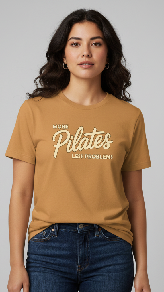 "More Pilates Less Problems" Retro Script & Block T-shirt