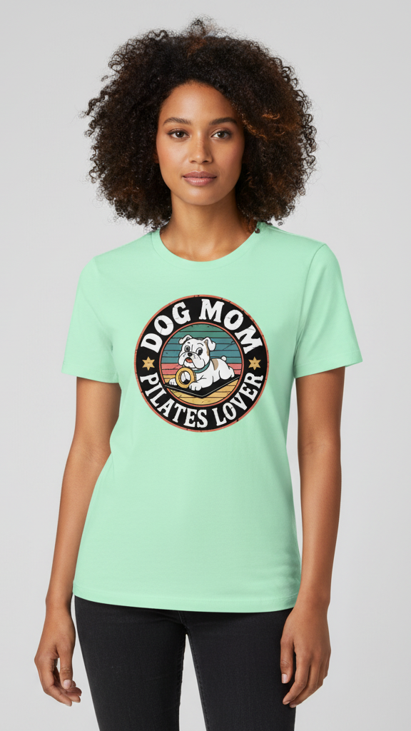 "Dog Mom Pilates Lover" Retro Emblem T-shirt