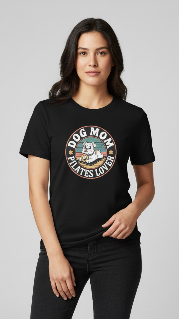 "Dog Mom Pilates Lover" Retro Emblem T-shirt