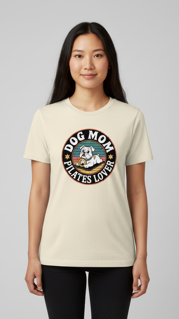 "Dog Mom Pilates Lover" Retro Emblem T-shirt