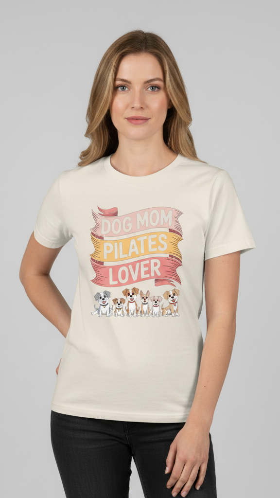 "Dog Mom Pilates Lover" Whimsical Puppy T-shirt